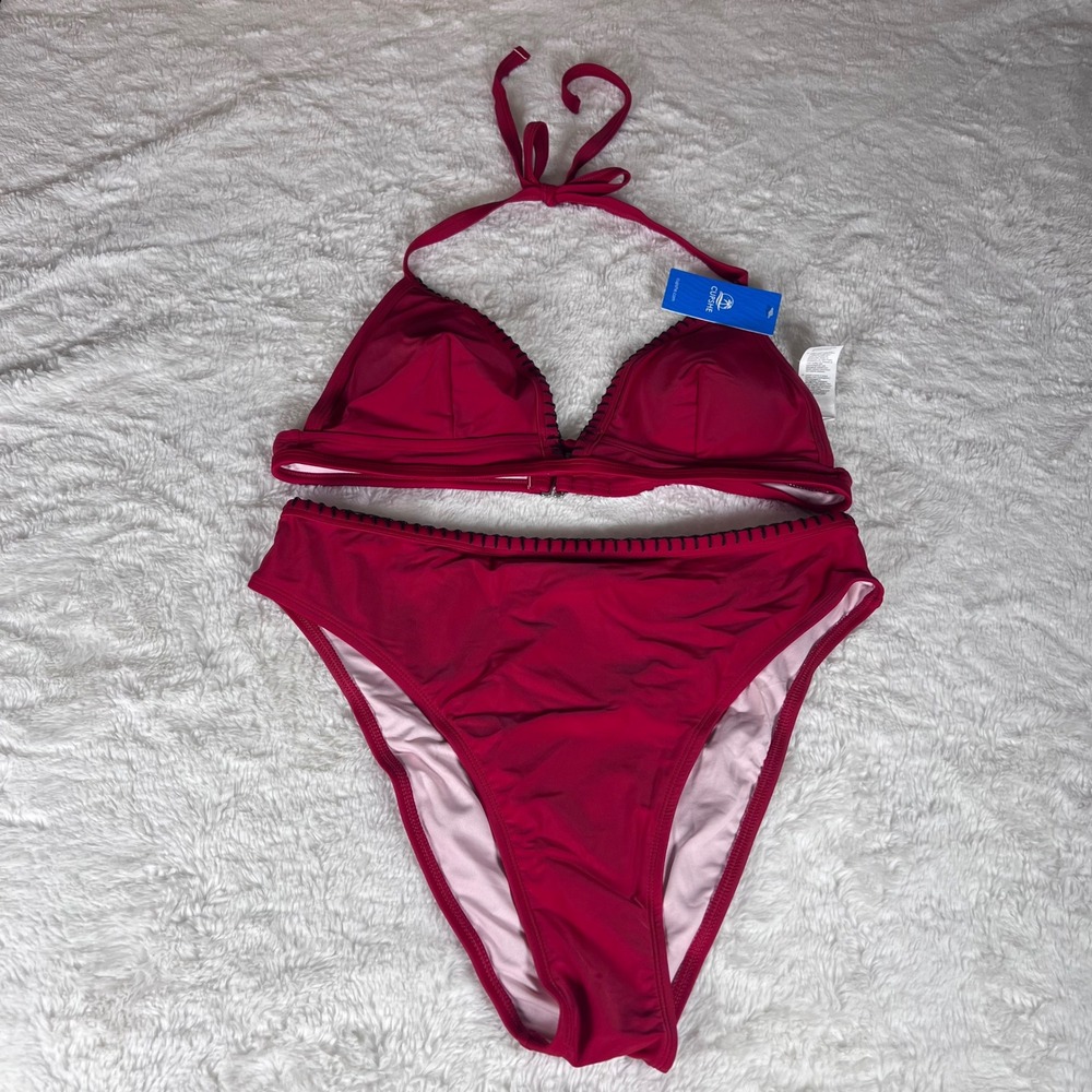 Cupshe Red High Waisted Bikini Set Whipstitch Halter Triangle Top Size Large NWT